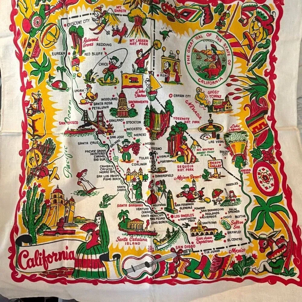 Vintage California State Landmarks Souvenir Tablecloth Cactus Cloth